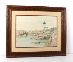 Maine Lighthouse Watercolor Painting Signed Susan Leffler 83