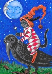 ACEO PRINT OF PAINTING RYTA HALLOWEEN BLACK CAT RAVEN CROW MAGIC FULL MOON ART