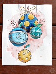 Original Christmas Ornaments Painting By Alannah Dyer- Watercolor 8×10 in.