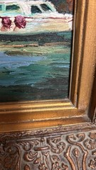 Impressionist Style Canvas Oil Painting Boats In Harbor Scene Ornate Frame