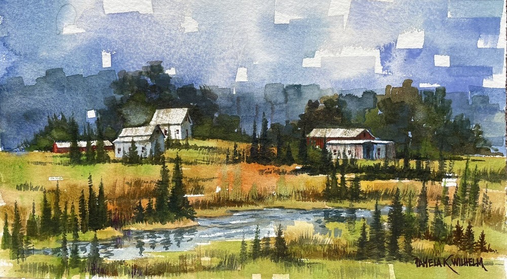9.5×5.5” Original Watercolor Pamela Wilhelm The River Farm Barns Pine Trees