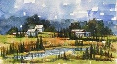 9.5×5.5” Original Watercolor Pamela Wilhelm The River Farm Barns Pine Trees