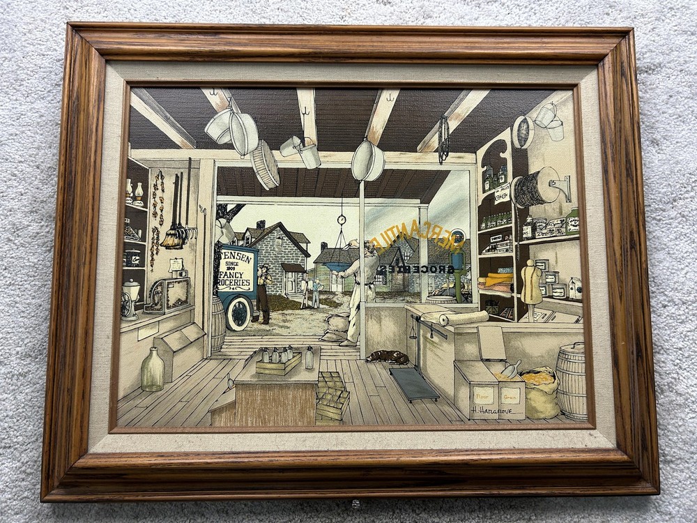 Vintage 1985 H Hargrove General Store Oil Painting Framed Americana Canvas