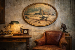 Signed Burlaici 1955 Oil Painting Winter Landscape Oval Gilt Frame Romanian Art