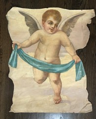 Antique 19c Oil on Canvas Painting of Flying Cherub Church Murals Chapel Panel