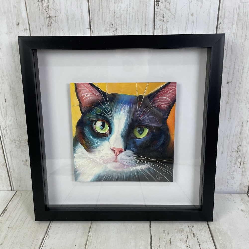 Denise Laurent Black & White Tuxedo Cat With Green Eyes Oil Painting