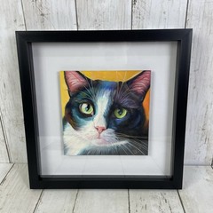 Denise Laurent Black & White Tuxedo Cat With Green Eyes Oil Painting