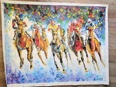 Hand painted on canvas derby horse racing signed by artist