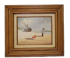 Original C. Manuel Oil Painting Children Beach Shipwreck Framed 17″×15″