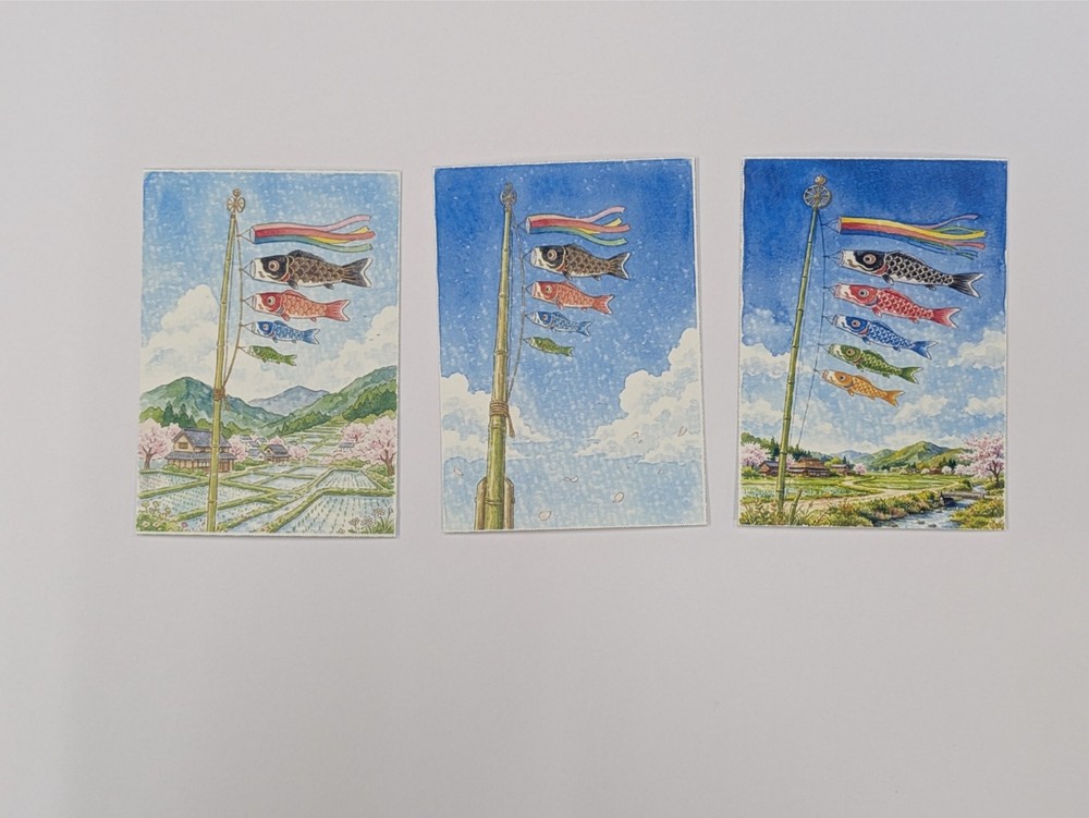 ACEO Art Print 3pc Japan Koinobori Carp Streamer May Tradition Watercolor #1-3