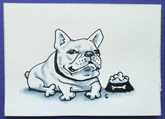 Original ACEO Art Card FRENCH BULLDOG and DOG FOOD Painting OOAK Collectible ATC