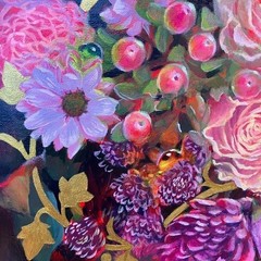 ORIGINAL Flower Still Life painting floral art surreal gold accents realism USA