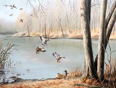 NELSON ORIGINAL OIL ON CANVAS DUCKS ON A LAKE LANDSCAPE PAINTING UNFRAMED