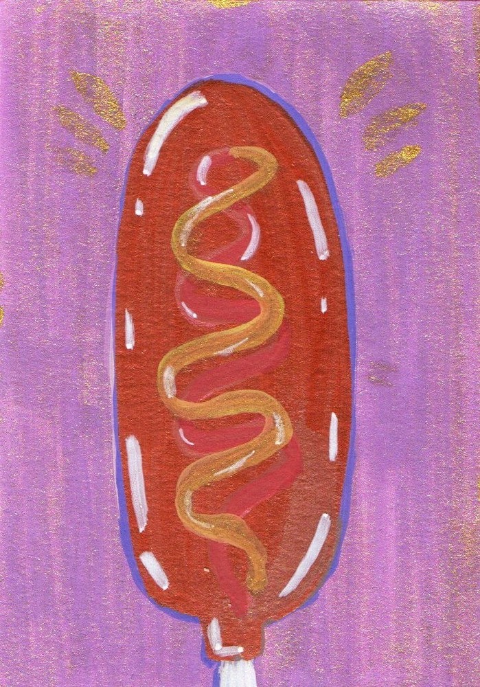 ACEO Original Corn Dog OOAK Miniature Food pop Art Card County Fair Carnival Art