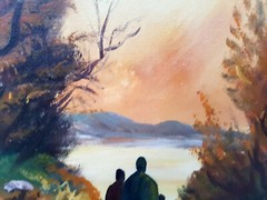 No: 6 Oil Painting Artwork Frame Landscape Forest Lake Sunset People