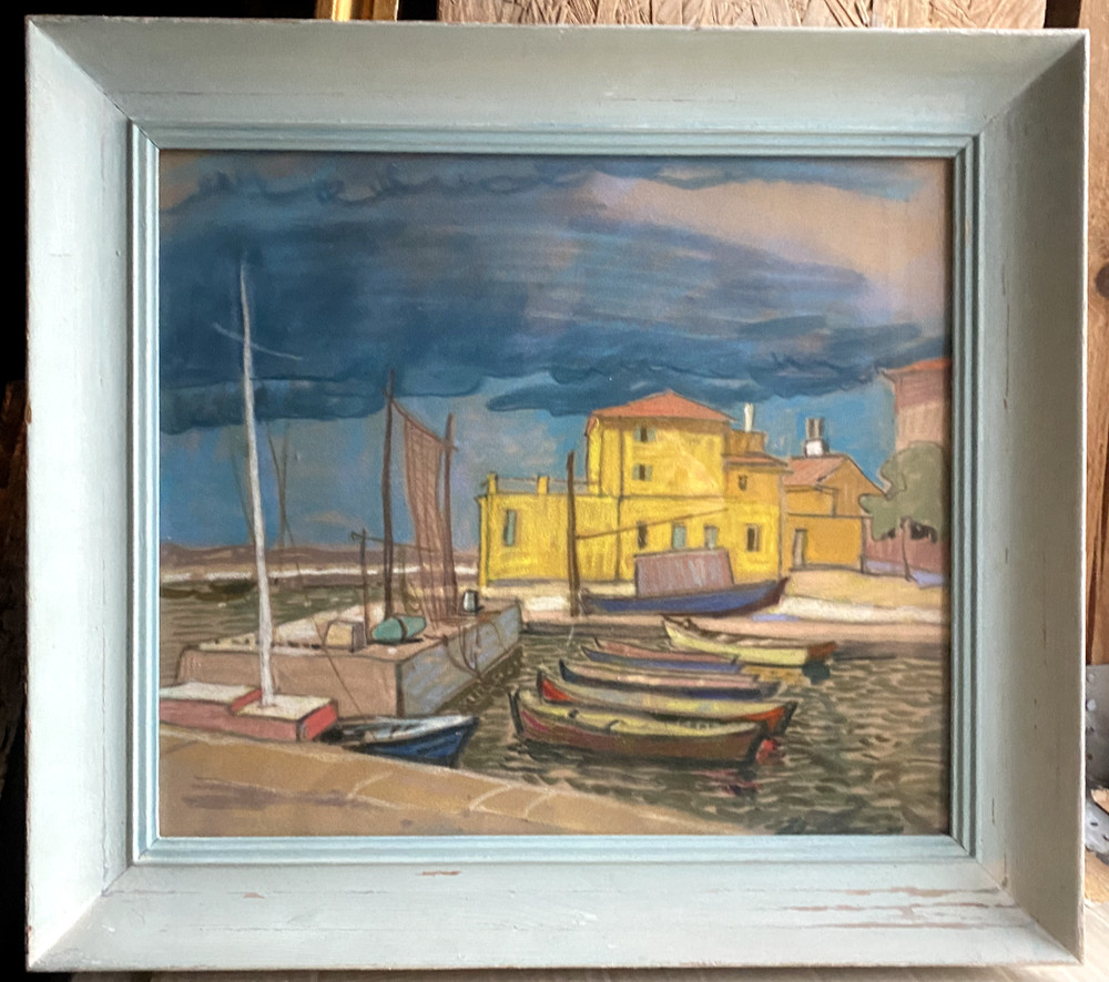 Painting Harbor Pastel Mediterranean Coast Signed Expressionist Alois Rieder
