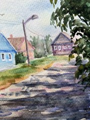 Hand Painted Village Street Landscape Watercolor Painting 11×14 Wall Art