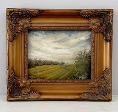 Original Rural Scene Tower Cloudy Landscape Painting Gold Antique Frame OAK Sign