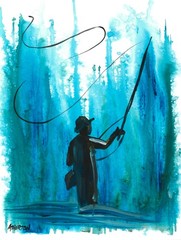 Original 9×12 Fly Fisherman Painting Western Art Abstract Trout Fishing Artwork