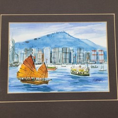 Watercolor Hong Kong Victoria Harbor City Skyline Asia Invitation Art Exhibition