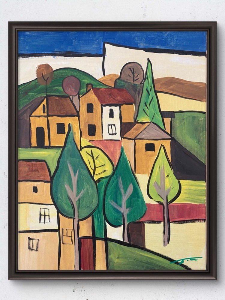 Cubist Village Houses Trees Acrylic Original Art 14×11 Canvas