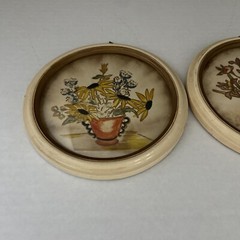Vintage Art Bubble Glass Round Lacquer Paintings Retro MCM Done by Hand Set of 2
