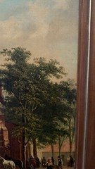 Dutch Oil On Board Painting Of A Town Scene 14”x10” Horses People