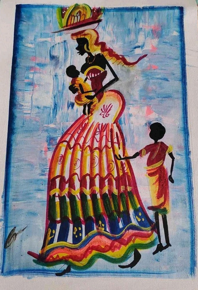 Dancing Figures Women Children Folk Art 3 Original Oil Paintings H 14×W 9