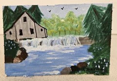 Original Landscape HOUSE FOREST & WATERFALL Oil Painting ACEO Art S. JOHNSON
