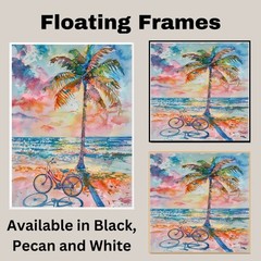 Watercolor of Palm Tree and Bicycle by Ocean Shore with Vibrant Sunset Sky