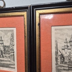 Vintage Pair Of 2 Mini Lithographs Signed European Architecture Framed