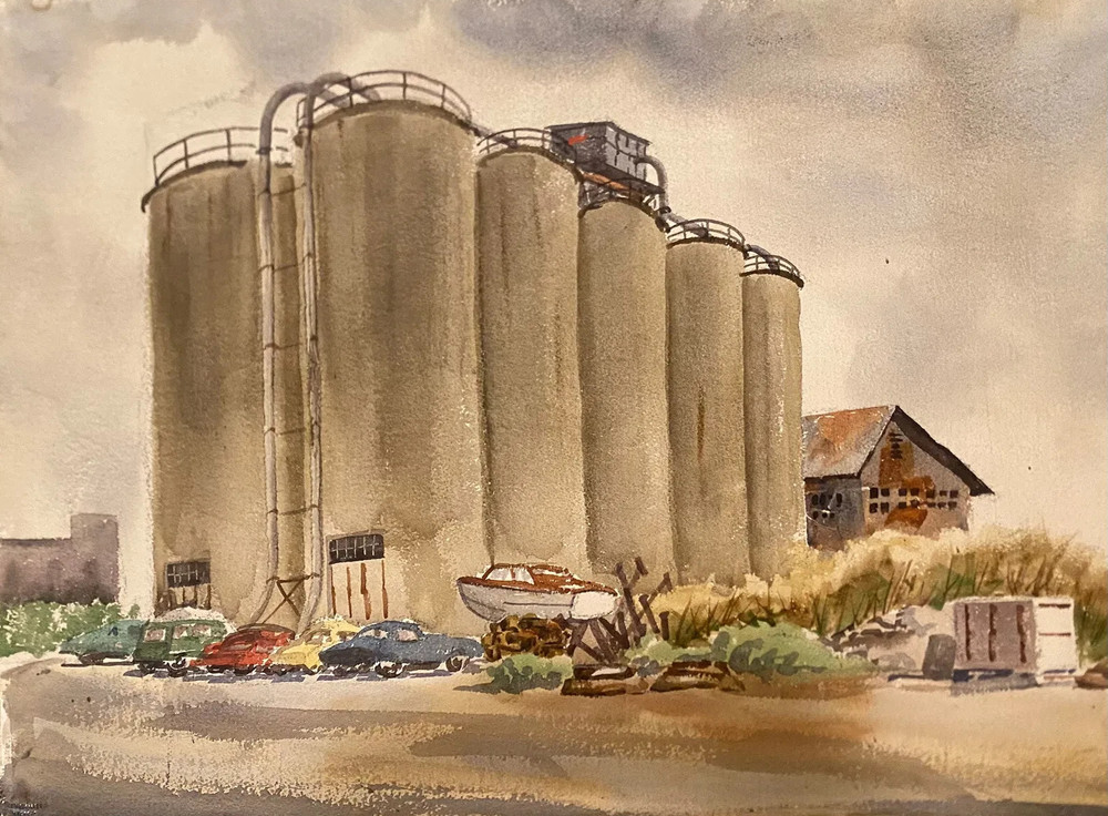 Mid Century Modernist watercolor Painting of grain elevators circa 1940s 50s