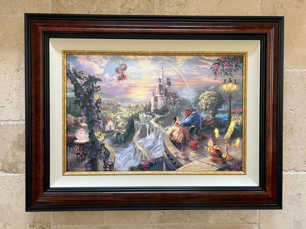 THOMAS KINKADE „BEAUTY & BEAST FALLING IN LOVE“ 18″ X 27″ S/N HE GICLEE CANVAS