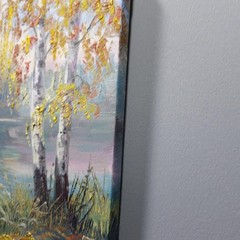 Autumn River Birch Trees Landscape Oil Painting Original Wall Art Canvas 8×8 in.