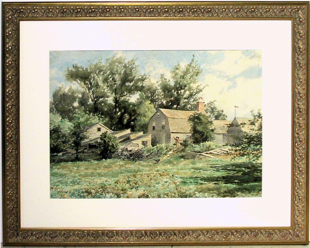 Large Henry Newell Cady Watercolor Shooing Chickens by a New England Cottage