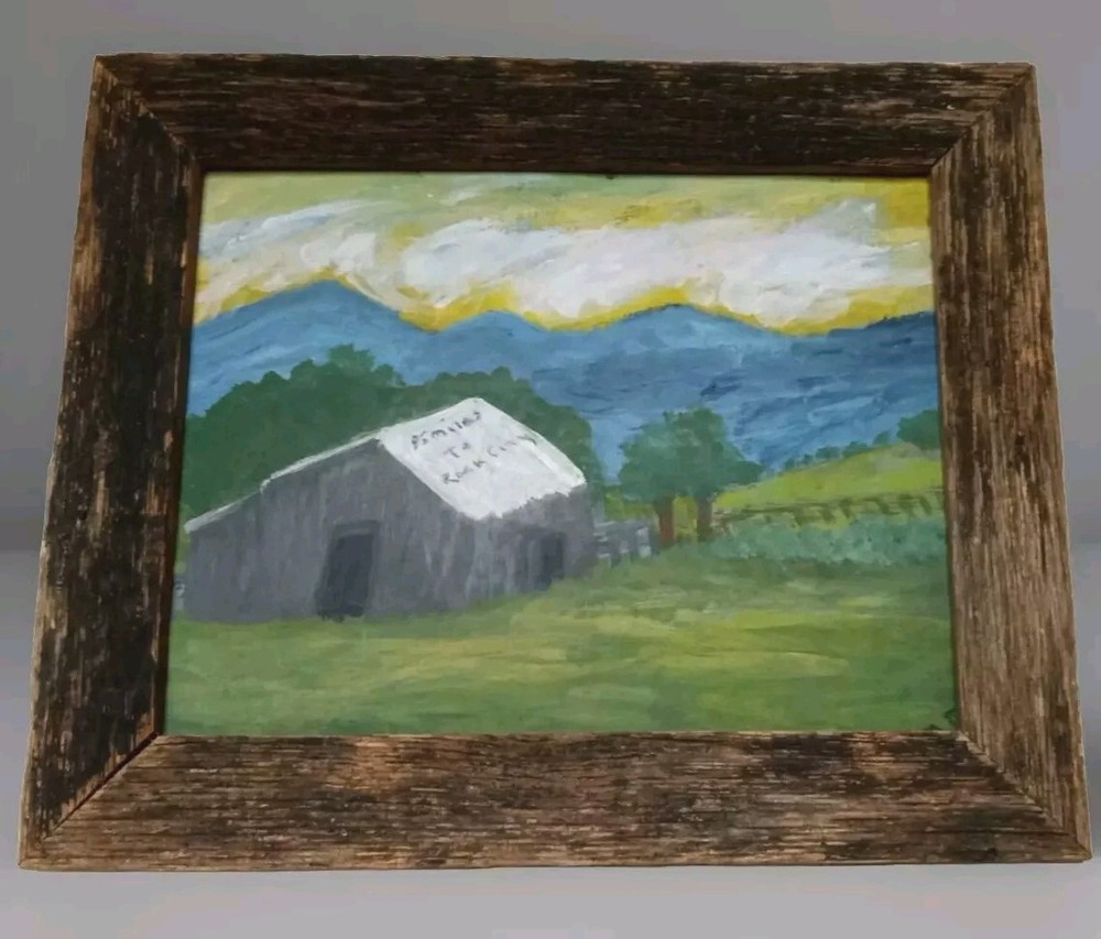 Southern Folk art 85 MILES TO ROCK CITY Painting Signed M.F 84 Cardboard 10×13