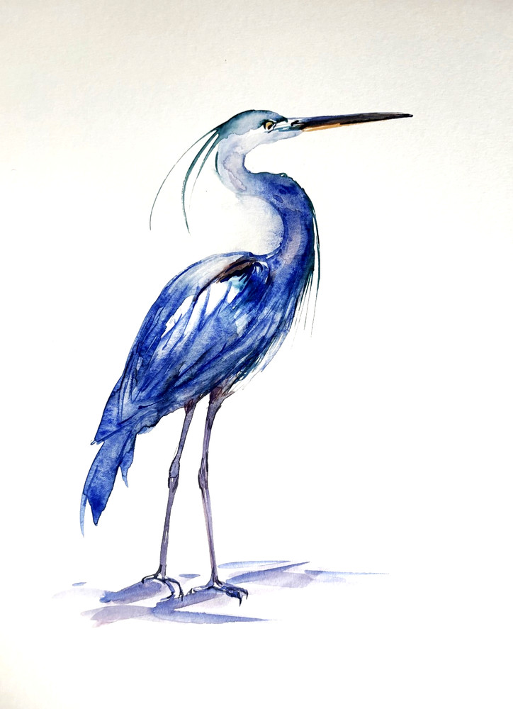 Great Blue Heron Original Watercolor Painting Minimalism Art Bird Seabirds