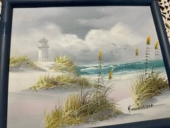 Vtg Old Orchard Beach OOB MAINE oil or acrylic lighthouse 8×10 framed signed