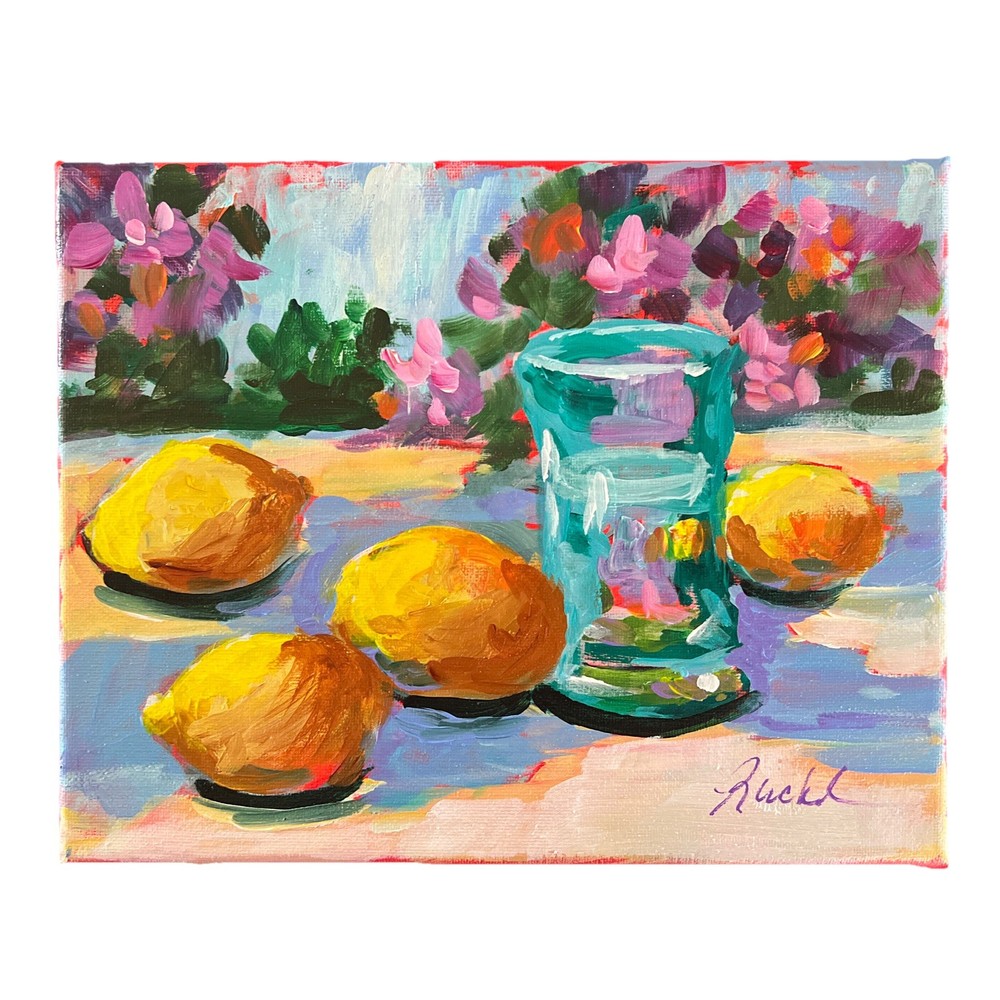 8 X 10 Acrylic Abstract Lemon Still Life On Stretched Canvas