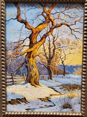 Original Oil Art Framed winter landscape painting with trees and bright blue sky