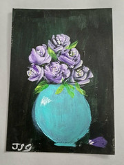 ACEO Original Painting Art Card Acrylic Purple Roses Flower Vase by Jayne