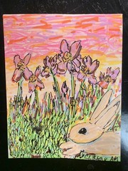 Original Artwork Bunny Flowers Cute Spring Rabbit ACEO Handmade Signed By Artist