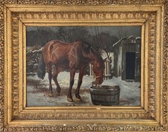 Antique oil painting. August Fischer(1854-1921):Horse by the water trough (1877)