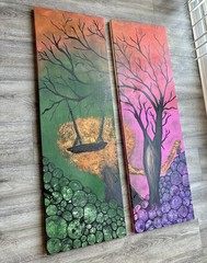 Wood Art, Tree Art, Scrap Wood Painting, 2 Piece Art, Girl Art, Tree Swing