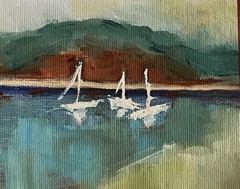 ORIGINAL Abstract Modern SIGNED Lakeshore/Seascape Sailboats FRAMED Aqua/Lime