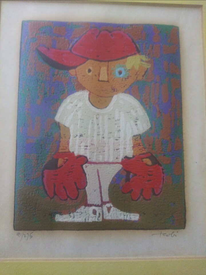 Modernist Al Robi Baseball Boy „Red Two Gloves“ Linocut Abstract Artwork