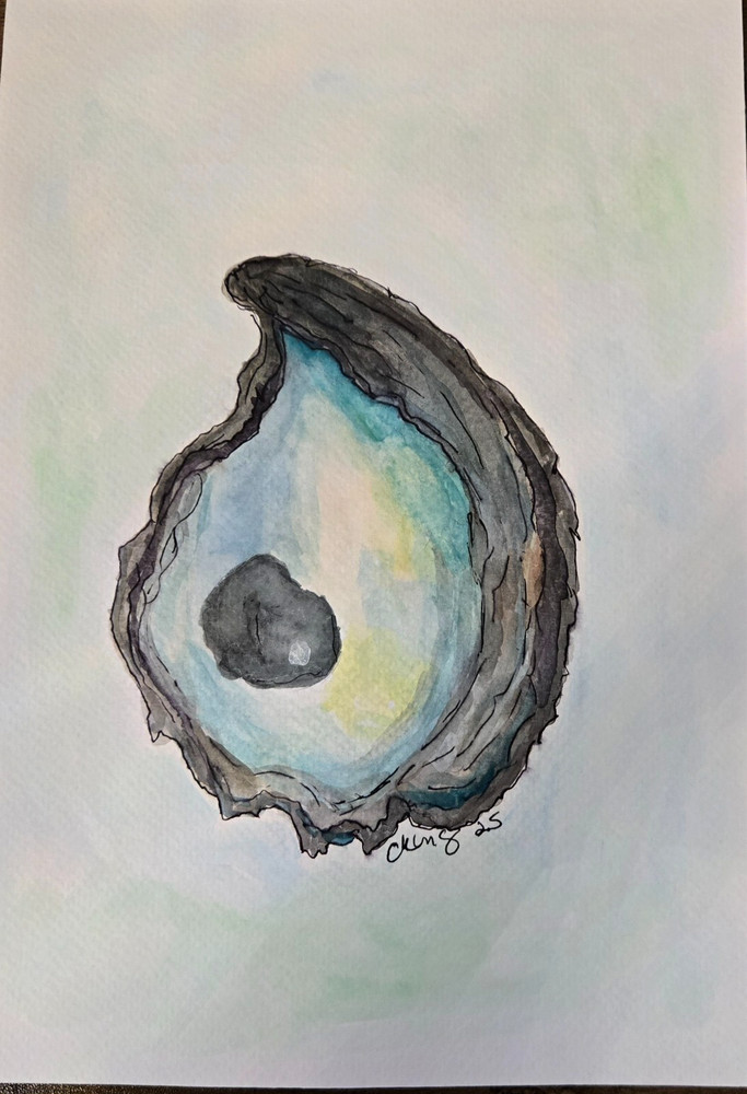 Original Coastal watercolor and ink painting of an Oyster Handpainted