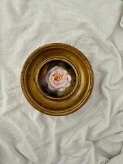 Romantic Pink Rose Miniature Oil Painting in Vintage Gold Frame – Flower Art