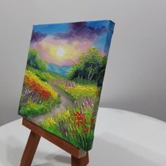 Original Oil Painting Sunrise Meadow Path Flowers Landscape Wall Art Decor Gift