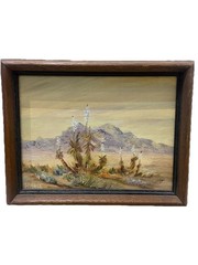Vintage Framed SIGNED H. HALL Oil Painting Southwest Desert Mountains Blooms Art